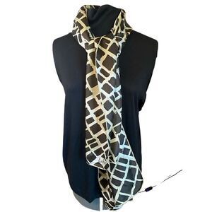 Echo long scarf white with brown abstract squares vintage